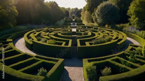 A garden with a compelling circular shape in the middle creates a magical focal point for the entire scene. An enchanted garden with a maze formed like a heart, AI
