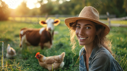 Smiling woman with chickens and a cow in a sunny field.