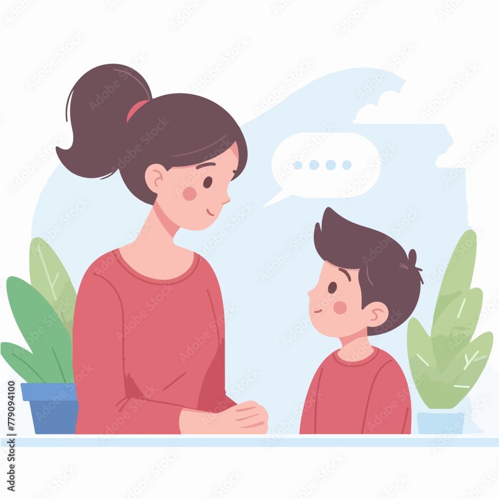 Mom giving feedback to her son on flat design illustration