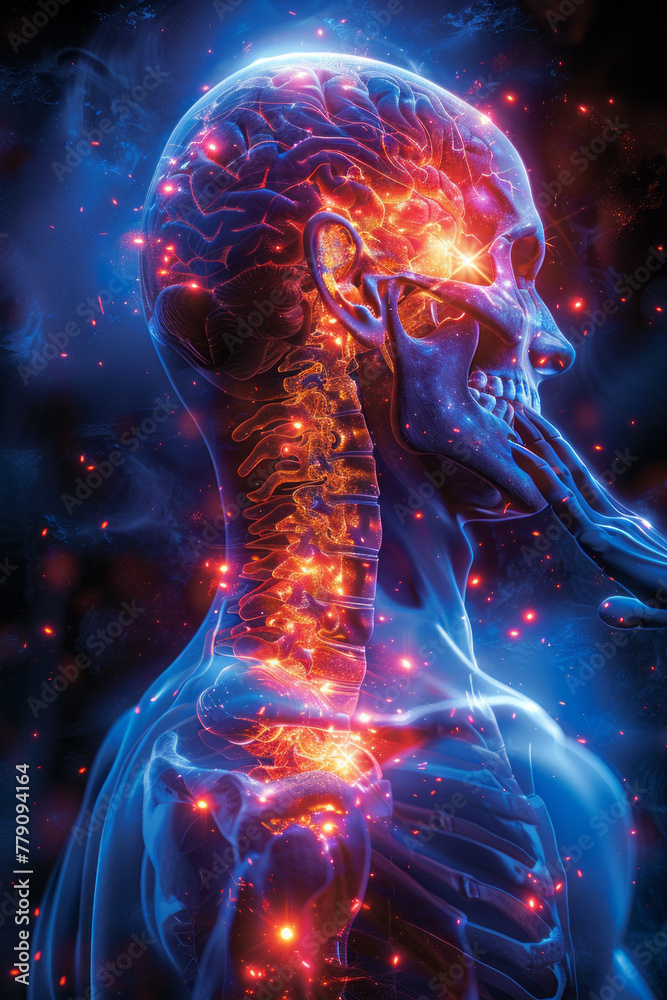 blue xray medical illustration of a pain in the neck, red glowing pain, person reaching for it,generative ai