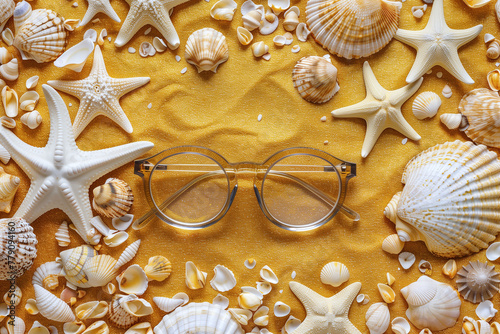 Summer beach items on yellow gold sand and shells as background.