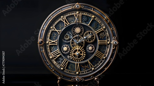 Intricate Steampunk Inspired Mechanical Clock with Visible Gears and Cogs against a Dark Background