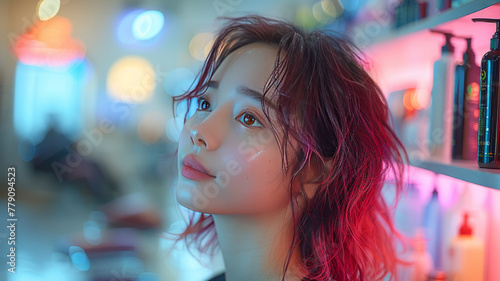 Asian young woman at a hair salon dyeing her hair, red colors, professional hairstylist, modern salon setting,generative ai