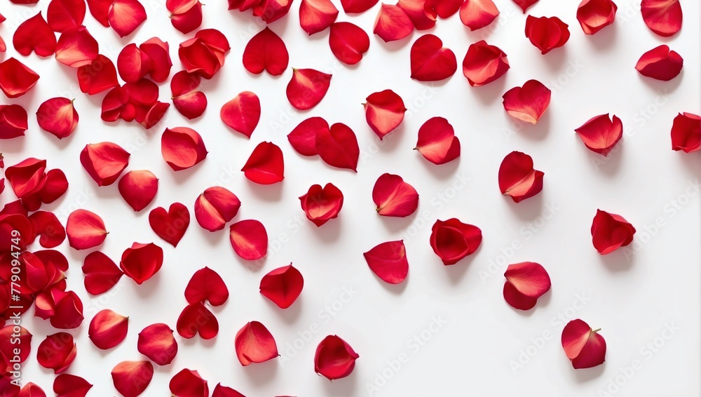 Red rose petals scattered on a white surface.

