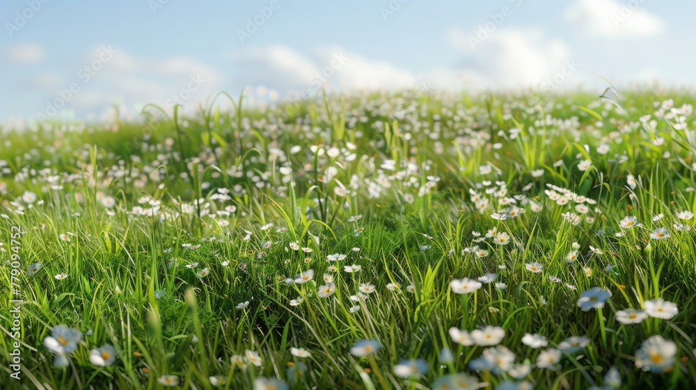 Grassy hillside, small flowers,