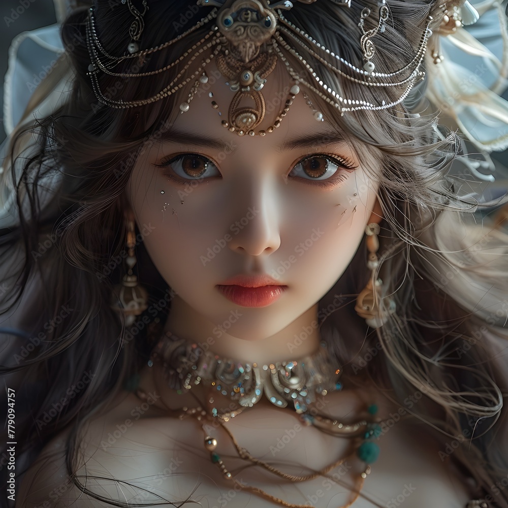 Enchanting Anime Inspired Portrait of a Regal Ethereal Beauty with Intricate Headdress and Expressive Eyes Enchanting Anime Inspired Portrait of a Regal Ethereal Beauty with Intricate Headdress and Expressive Eyes