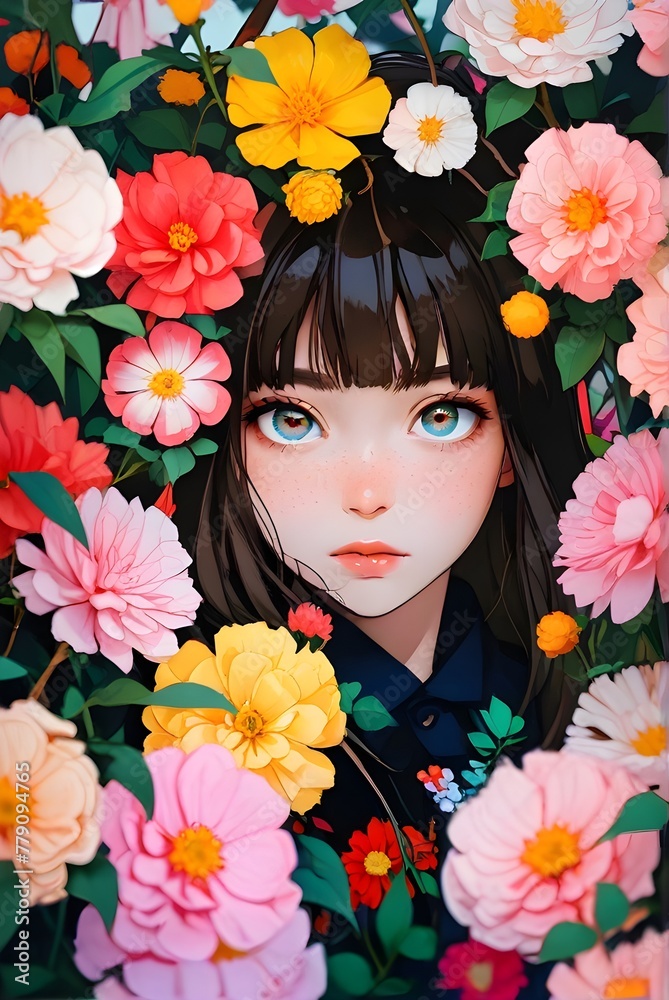 Illustration of a young woman hiding behind bright flowers and looking at the camera. Generative AI