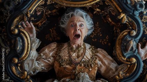 Elderly Woman Screaming in Ornate Vintage Frame Dramatic Facial Expression and Antique Necklace