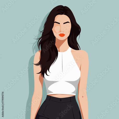 Vector flat fashion illustration of a beautiful young woman wearing a stylish crop top and black pants.
