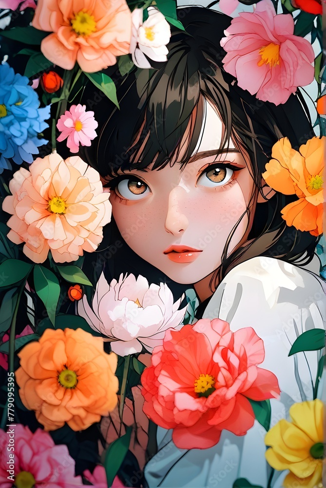 Illustration of a young woman hiding behind bright flowers and looking at the camera. Generative AI