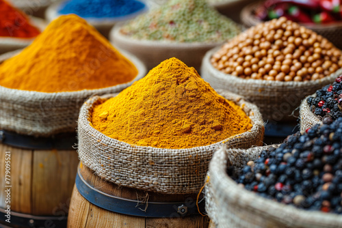 Vibrant array of spices on an open market