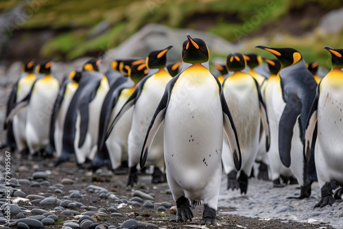 King penguin parade on a pebble beach