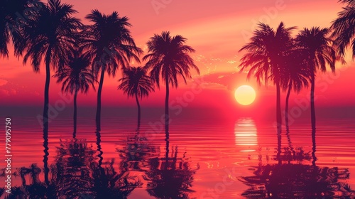 Sunset at a coastline with palm trees, water reflection