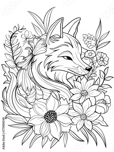 Fox in flowers, coloring book pages for adults, Cartoon vector illustration 