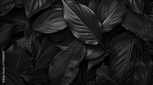 Textures of abstract black leaves for tropical leaf background. Flat lay  dark nature concept
