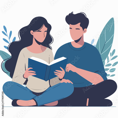 couple reading a book together in a flat design illustration