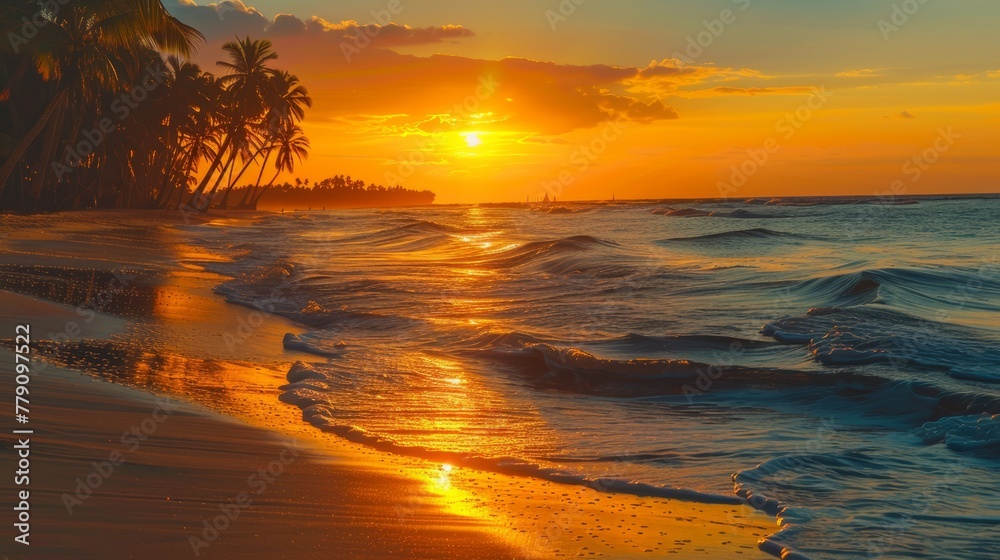 Yellow sunset at the beach. Palm trees sunset background. Waves, sky and yellow sun. Amazing island palms beach background. Punta Cana evening. The sun resort vacation. Japan nature sunset landscape