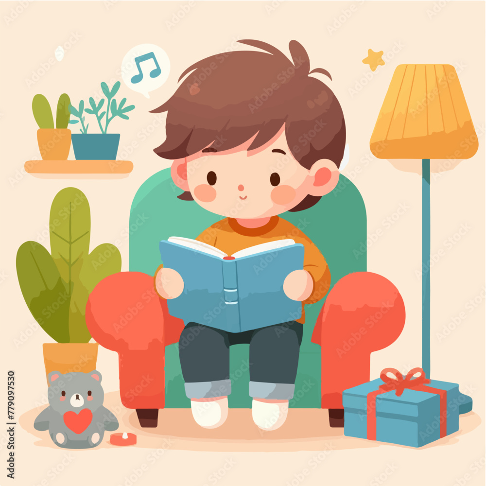 boy spends his leisure time reading a book at home in a flat design illustration