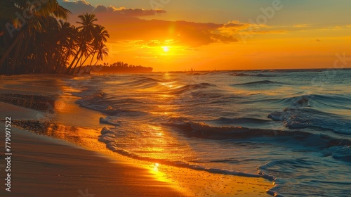 Yellow sunset at the beach. Palm trees sunset background. Waves, sky and yellow sun. Amazing island palms beach background. Punta Cana evening. The sun resort vacation. Japan nature sunset landscape