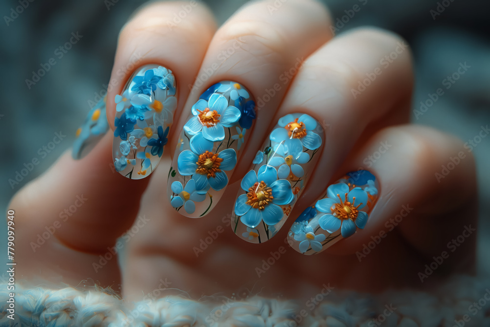 Female nails with figures of petal blue color closeup and flowers. Nail art Female nails with figures of petal blue color closeup and flowers. Nail art