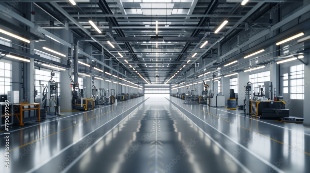 A busy automotive manufacturing research and development center with advanced manufacturing equipment and testing systems, currently empty but ready to advance innovation in automotive engineering