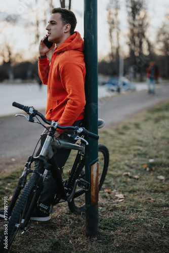 A young man in a vibrant orange hoodie takes a break in the park, leaning on a pole with his bike beside him.