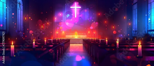 Spiritual Serenity  Midnight Prayer in a Glowing Church. Concept Religious Art  Church Architecture  Night Photography  Spiritual Atmosphere