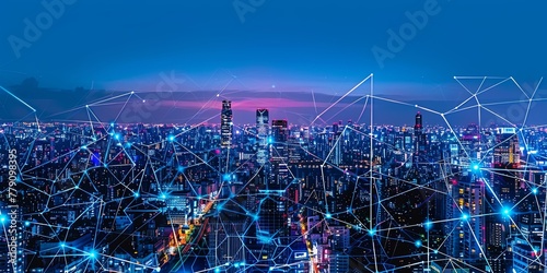 A bustling cityscape intertwined with digital networks and IoT devices