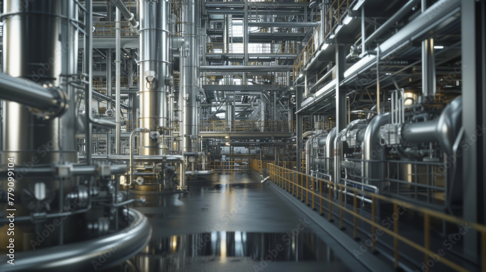 A bustling chemical engineering pilot plant with distillation columns and reaction vessels, momentarily dormant but ready to test and optimize chemical processes for various industries