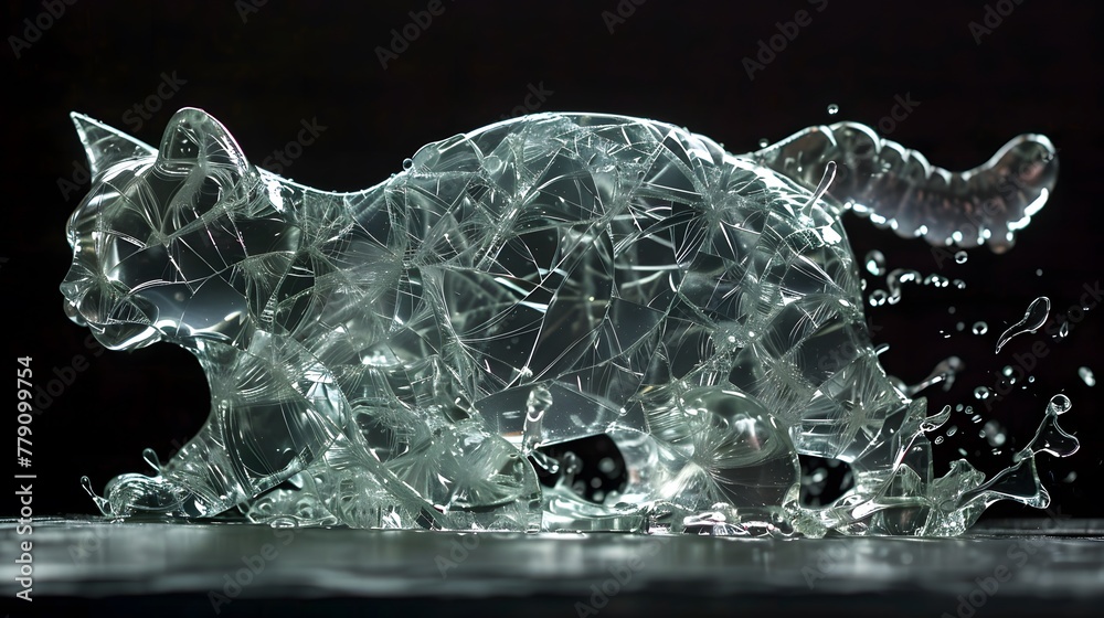 Obraz premium Sculpture of a cat stepping on water made from broken glass.