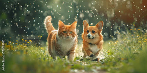 friends cat and puppy corgi on green grass plying photo