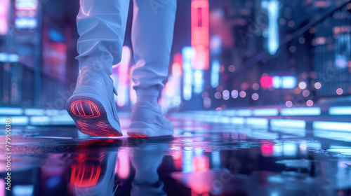  Close-up of a person walking in the city at night with glowing sneakers reflecting on the wet pavement.