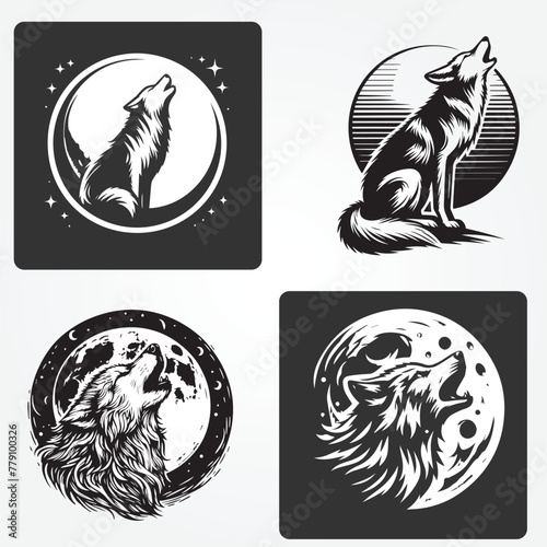 Wolf Howling moon vector logo set