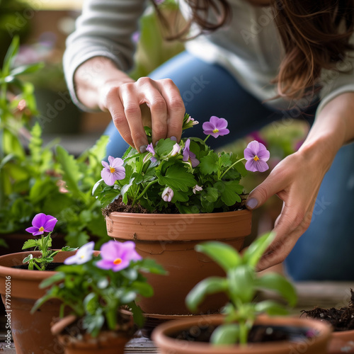 Woman repotting flower plants at home garden. Spring gardening