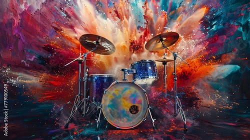A drum set ignites a cinematic explosion of colors, captured in powerful 4K energy photo