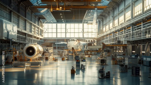 A busy aerospace manufacturing research and development center with advanced manufacturing equipment and testing systems, momentarily idle but ready to innovate in the field of aerospace engineering photo