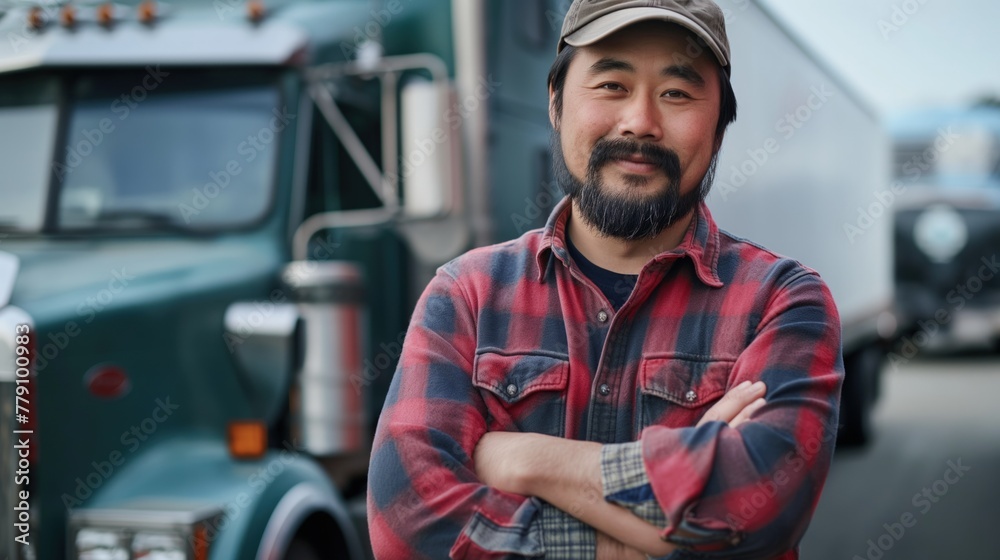 An Asian delivery man standing confidently in front of a large semi-truck An Asian delivery man standing confidently in front of a large semi-truck