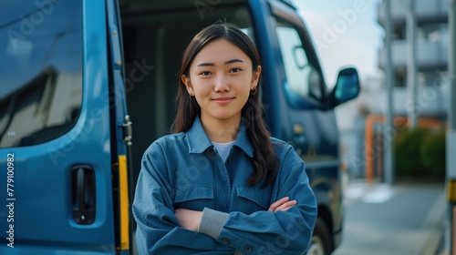 An Asian delivery woman standing in front of a bright blue truck on a sunny day