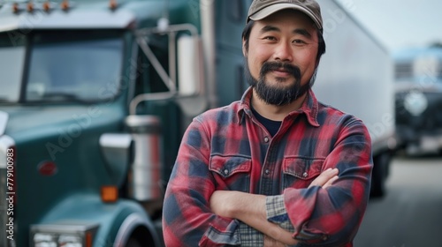 An Asian delivery man standing confidently in front of a large semi-truck