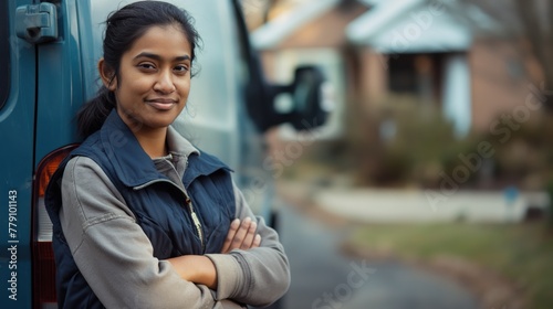 An Indian delivery woman stands in front of a blue van parked on the street