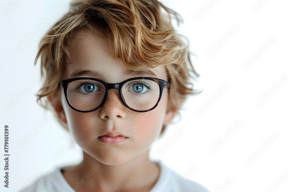 Obraz premium Close portrait of beautiful caucasian kid boy with glasses, isolated on a white background