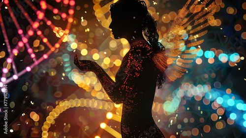 An angel's connection to the divine, visualized in silhouette with DNA structures and vibrant lights through generative AI artistry