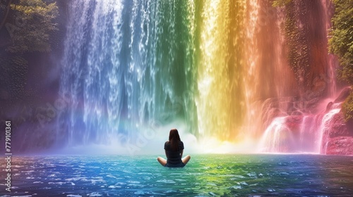 Captivating view of a woman seated before a waterfall cascading in rainbow hues, a picturesque blend of color and tranquility