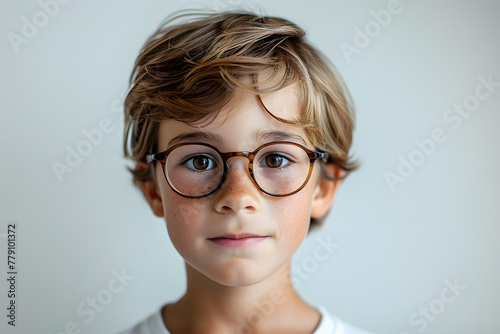 Close portrait of beautiful caucasian kid boy with glasses, isolated on a white background