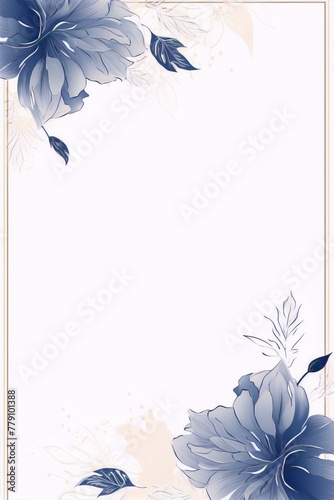 Delicate blue flowers frame a white background.
