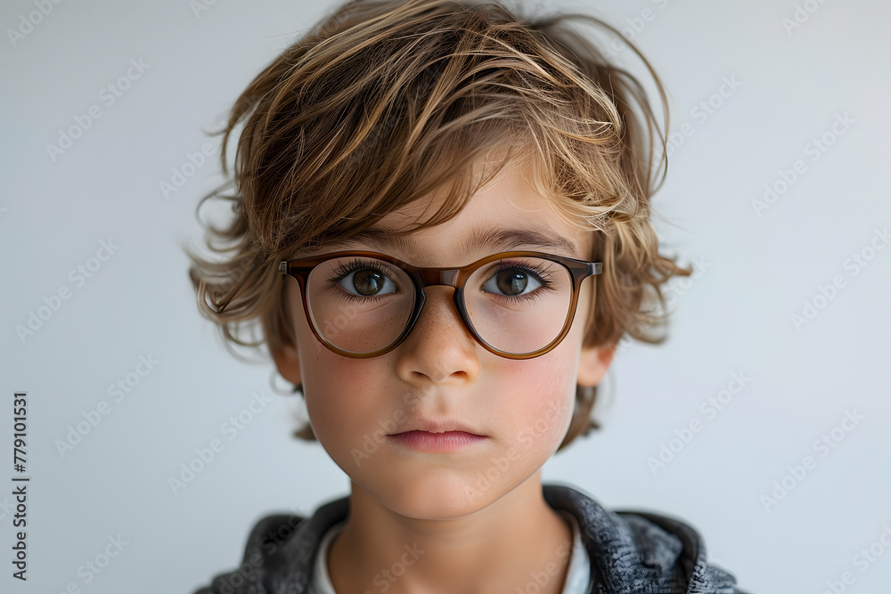 Close portrait of beautiful caucasian kid boy with glasses, isolated on a white background Close portrait of beautiful caucasian kid boy with glasses, isolated on a white background