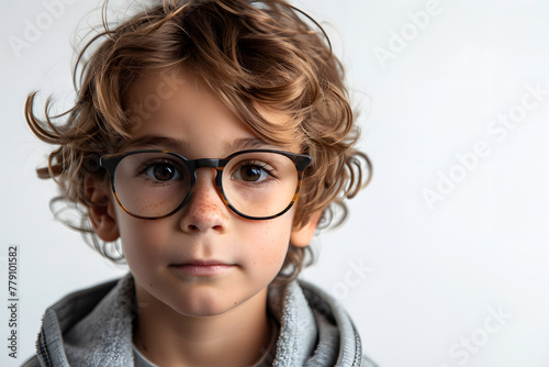Close portrait of beautiful caucasian kid boy with glasses, isolated on a white background