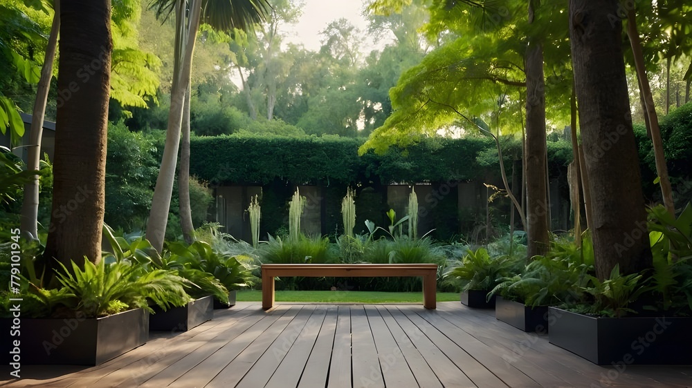 A lovely garden with towering trees and luxuriant vegetation surrounding a center bench