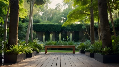 A lovely garden with towering trees and luxuriant vegetation surrounding a center bench