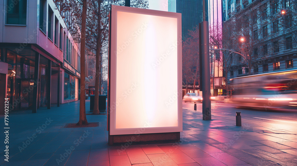 Mockup. Vertical advertising display on the street. Standalone, illuminated advertising column with a blank, white poster mockup against an urban background. Mockup. Vertical advertising display on the street. Standalone, illuminated advertising column with a blank, white poster mockup against an urban background.